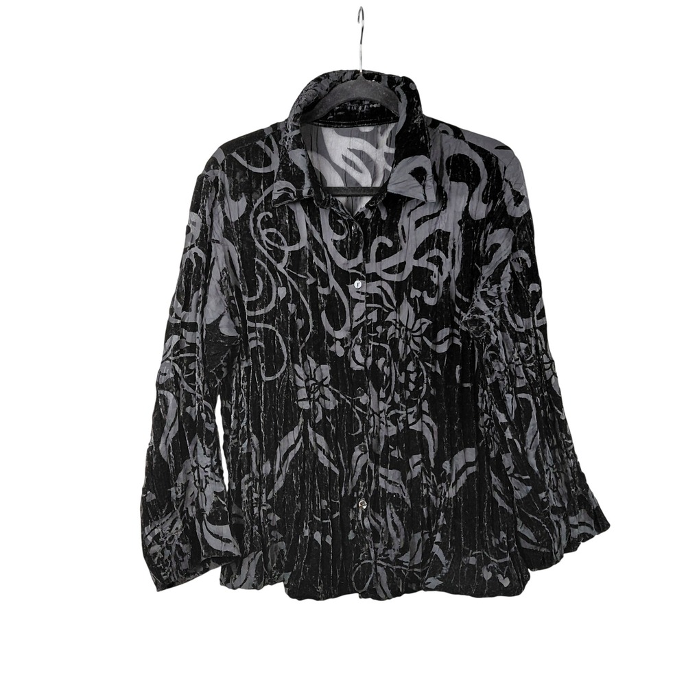 Womens Unbranded Black Gray Floral Burnout Crushed Velvet Long Sleeve Blouse